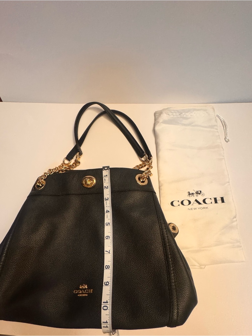 Coach Black Pebbled Leather Shoulder Tote with Gold Chain Handles - Picture 9 of 9